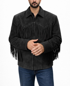 High Quality Finishing Black <b>Suede</b> Fringe <b>Jacket</b> for Men Western Cowboy Leather Coat Casual Style with Competitive Price - Product Image 1