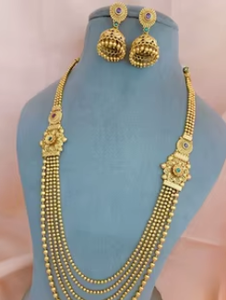 Perles plaquées or antique de qualité supérieure ensemble de collier long de meilleure qualité avec boucles d'oreilles pour les vêtements de mariage pour les femmes et les filles - Product Image 2