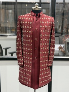 Premium <b>Mens</b> Maroon Indo Western Sherwani Heavy Embroidery Wedding Party Knee-Length Jacket <b>Kurta</b> Set Manufacturer Wholesaler - Product Image 6