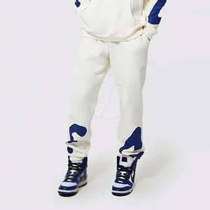 Survêtement blanc à capuche pour homme, imprimé color block bleu, coupe droite longue, 100 % coton, streetwear, sweat-shirt et pantalon de maternité - Product Image 3