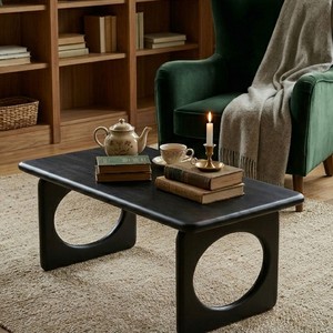 Table basse moderne noire avec pieds géométriques découpés en cercle, en bois de manguier massif, table centrale pour canapé, idéale pour la maison et le salon de style farmhouse - Product Image 3