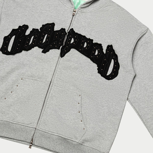 2026 Trending Design Heavyweight French Terry Cotton Distressed Embroidery Patch Full Zip Hoodie and Jogger Pant Sweatsuit - Product Image 6