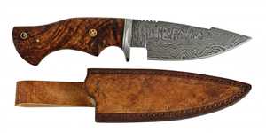 Couteau utilitaire d'extérieur personnalisé fait main en acier Damas à lame fixe avec manche en bois de burl et étui en cuir - Product Image 3
