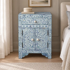 Table de chevet à deux tiroirs en os incrusté fait main, décoration d'intérieur, table en os incrusté jaune - Product Image 4