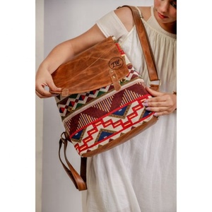 Western Boho Style Vintage Handmade Jacquard Leather Drawstring <b>Backpacks</b> Hand Stitch Genuine Leather Indian Style Bags - Product Image 1