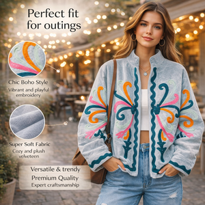 Blouson Bomber en Velours Brodé Fait Main pour Femme, Manches Longues, Col Montant, Broderie Frontale, Veste d'Hiver - Product Image 4