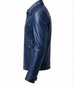 Blouson moto en cuir véritable beige pour homme, col rabattu, fermeture éclair, coupe ajustée, manches classiques, couleur unie, automne - Product Image 3