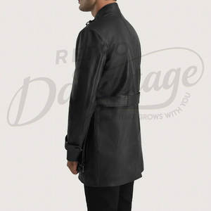เสื้อแจ็คเก็ตหนังแท้สีดำสำหรับผู้ชาย ทรงสลิมฟิต มีกระเป๋าหลายช่อง สไตล์ซาฟารี พร้อมเข็มขัด คอตั้ง เสื้อคลุมอเนกประสงค์ - Product Image 2