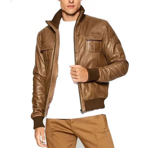OEM/ODM Service <b>Men's</b> Brown Genuine <b>Leather</b> Bomber <b>Jacket</b> Stand Collar Zipper Closure Casual Wear <b>Leather</b> <b>Jacket</b> For Sale - Product Image 1