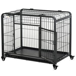 Heavy Duty 37\" Metal Dog <b>Crate</b> Modern <b>Folding</b> Kennel with Removable Tray Cover 4 Wheels Gray-for Breeding Medium Sized Breeds - Product Image 1