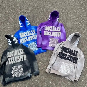 เสื้อฮู้ดสีแดงสำหรับผู้ชาย ทรงโอเวอร์ไซส์ ปักลายตัวอักษร สไตล์ฮิปฮอป เหมาะสำหรับใส่ในฤดูใบไม้ร่วง แขนเสื้อแบบปกติ ผ้าถัก - Product Image 4