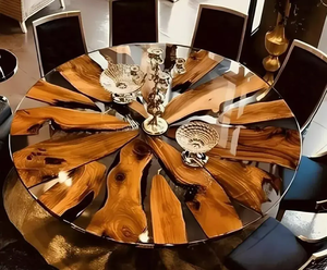 Table à manger / Table basse en bois avec plateau en résine époxy ronde personnalisée en gros – Décoration intérieure - Product Image 1