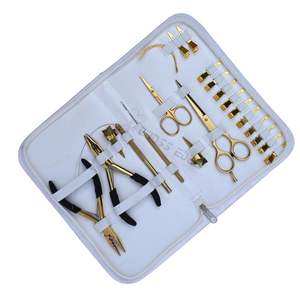 Kit de instalación de extensiones de cabello doradas todo en uno con alicate para extensiones de cabello con microperlas de 3 orificios y estuche portátil con cremallera blanca - Product Image 1
