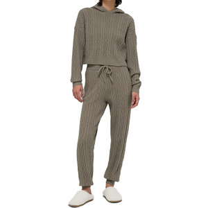 Custom Cable <b>Knit</b> Winter Bliss Hoodie & Pant <b>Set</b> Women Cozy Winter Loungewear OEM Private Label Knitwear Supplier - Product Image 1