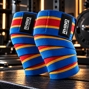Attelles orthopédiques pour genoux RHINO FITNESS, en nylon respirant, stabilisatrices, fermeture à boucle et crochet, soulagement des gonflements, rayures bleues, rouges et jaunes, unisexe - Product Image 5