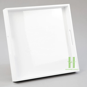Plateau de service minimaliste en laque blanche Plateaux carrés laqués artisanaux de l'usine du Vietnam HNH Craft - Product Image 2