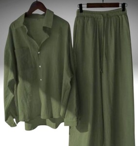 Women's Solid Linen 2-Piece Set Long Shirt & Wide Leg <b>Pants</b> Loose Fit Casual Spring Summer Breathable Turn-<b>Down</b> Collar - Product Image 5