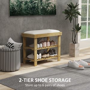 Panca a 3 livelli in bambù con cuscino bianco crema, organizer per scarpe, contenitore per scarpe per corridoio e ingresso - Product Image 5