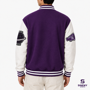 Purple Men's Varsity <b>Jacket</b> With Embroidered N Logo And Patch Preppy Style Wool Polyester Blend <b>Thick</b> Winter Coat - Product Image 3