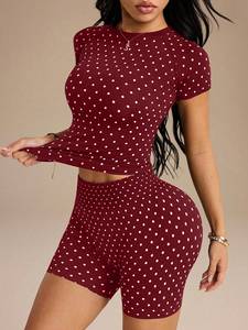 Custom Logo Women 2 Piece Yoga Set Brown Polka Dot <b>Short</b> Sleeve Crop Top <b>Shorts</b> High Waist Elastic <b>Ruched</b> Design Activewear Suit - Product Image 4