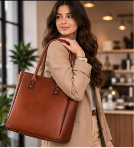 Sac fourre-tout en cuir véritable pour femme, style classique, grande capacité, poignée supérieure, couleur marron, usage quotidien - Product Image 2