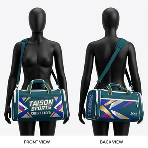 Sac de cheerleading pour femmes, tissu polyester 600D premium, 350 GSM, design à panneaux noir, bleu et or, logo personnalisé imprimé et brodé - Product Image 3