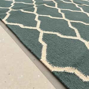 Tapis en laine tissé plat géométrique moderne, motif treillis Ogee, vert sarcelle et blanc, Kilim contemporain réversible, vert chasseur, tapis d'appoint écologique - Product Image 3