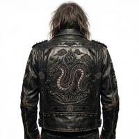 Veste de motard en cuir véritable pour homme avec motif de dragon en relief, col rabattu, coupe classique, style automne