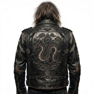 Chaqueta de Cuero Vintage Personalizada para Motociclistas, Chaqueta de Motociclista con Bordado de Dragón, Chaqueta Punk Streetwear al por Mayor OEM - Product Image 5