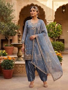 Designer Embroidery Sequence Work Fandy Silk <b>Top</b> With Farshi Bottom And Embroidery Sequence Work Dupatta Fully Stitched Set - Product Image 1
