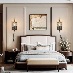 Rustic Farmhouse <b>Wall</b> Sconces Set 2 Vintage Industrial <b>Plug</b>-in <b>Wall</b> <b>Lights</b> Clear Glass Shade Black Gold Finish Bedroom - Product Image 4