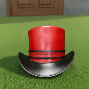 Premium quality custom made Handmade Red Leather Top <b>Hat</b> Steampunk Cosplay <b>Hat</b> with Black Brim <b>Band</b> - Product Image 4