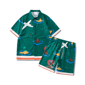 เสื้อเชิ้ตผู้ชายขายส่ง แบบติดกระดุม ลายพิมพ์โลโก้ตามสั่ง ชุดลำลองชายหาด ชุดเซ็ต 2 ชิ้น กางเกงขาสั้น - Product Image 6