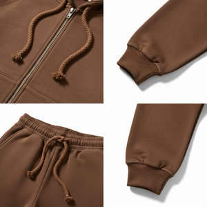 Tendance Hiver : Ensemble Survêtement Unisexe Marron à Capuche Entièrement Zippé, Pantalon de Survêtement en Coton Couleur Unie, Tenue Décontractée Saison Automne Coupe Classique - Product Image 4