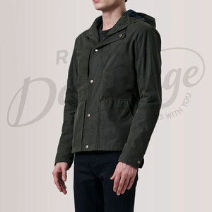 Veste en toile cirée vert foncé pour homme, résistante à l'eau, à capuche, veste de plein air décontractée, coupe ajustée, veste de terrain en toile de coton - Product Image 4