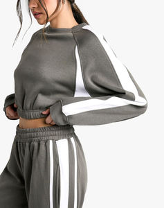 Ensemble de survêtement gris 2 pièces pour femmes grandes tailles, manches longues, col rond, coupe ample, sportif, toutes saisons, en molleton tricoté avec bande latérale - Product Image 2