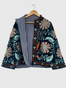 Veste en velours brodée de fleurs, col mandarin, manches longues, grande taille, vêtements d'automne pour femmes - Product Image 3