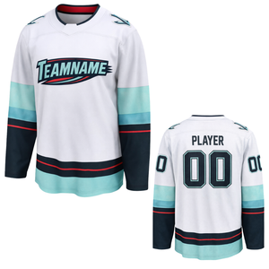 Maillot de hockey sur glace blanc et bleu sarcelle à manches longues, respirant, uniforme d'équipe athlétique, vêtements de sport professionnels pour adultes, entraînement et pratique - Product Image 1