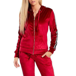 Hot Sale Women Red Velvet Tracksuit <b>Set</b> Hooded Full Sleeve Zipper Solid Color Casual Wear Winter Style Tracksuit For Ladies - Product Image 4
