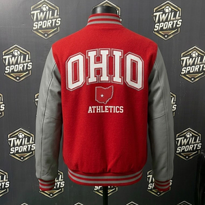 Veste universitaire Ohio Athletics pour homme, rouge et gris, manches en cuir, style bomber, vêtements décontractés d'automne - Product Image 4