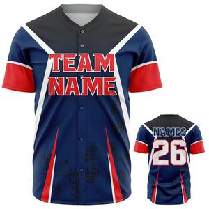 Maillot de baseball personnalisé pour hommes, bleu marine et rouge, à boutons, respirant, uniforme d'équipe de softball, chemise de sport athlétique pour l'entraînement et les matchs - Product Image 1