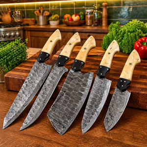 Custom Handmade Five-Piece Chef <b>Set</b> Ambidextrous Straight Edge <b>Sharp</b> Blades 33-Layer Damascus Steel Durable Bone Handle Leather - Product Image 1