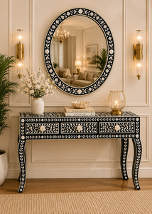 Table console de luxe en os incrusté avec cadre de miroir et 3 tiroirs, meuble d'entrée tendance pour la décoration du couloir - Product Image 4