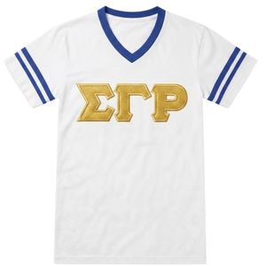 Camiseta Deportiva Azul de la Hermandad Sigma Gamma Rho para Mujer, con Apliques Bordados de Doble Costura, Letras Griegas, Personalizada - Product Image 1