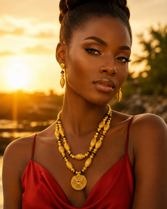 Juego de Collar y Aretes de Lujo GALAM, Chapado en Latón, Doble Capa, con Dijes de Flores Africanas y Cuentas Negras, Joyería para Mujer - Product Image 3