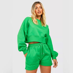 Ensemble deux pièces personnalisé de haute qualité pour femmes, sweat-shirt court à épaules tombantes et manches longues 100% coton, short, vêtements d'été - Product Image 1