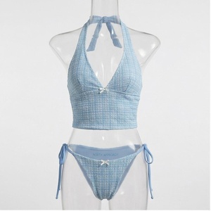 Women's Light <b>Blue</b> Halter <b>Bikini</b> <b>Set</b> With Tie Side Bottoms And Drawstring Detail Regular Fit Two Piece Swimwear - Product Image 1