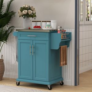 Carrello da Cucina Compatto con Isola e Spazio di Archiviazione, Piano in Acciaio Inox, Portatile, in Quercia, per Sala da Pranzo, Blu - Product Image 2