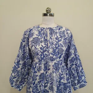 Robe midi en coton à imprimé floral bleu bohème avec manches bouffantes, coupe ample, col à nouer, robe d'été pour femmes - Product Image 1