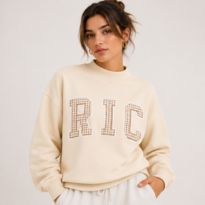 Sudadera Rosa Extra Grande con Cuello Redondo y Estampado de Letras a Cuadros RIC, Sudadera Informal de Forro Polar Unisex para Otoño - Product Image 2